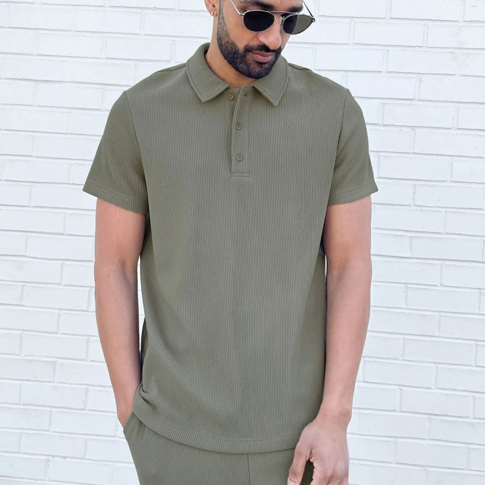 OAK + FORT - RIBBED POLO T-SHIRT in Vetiver